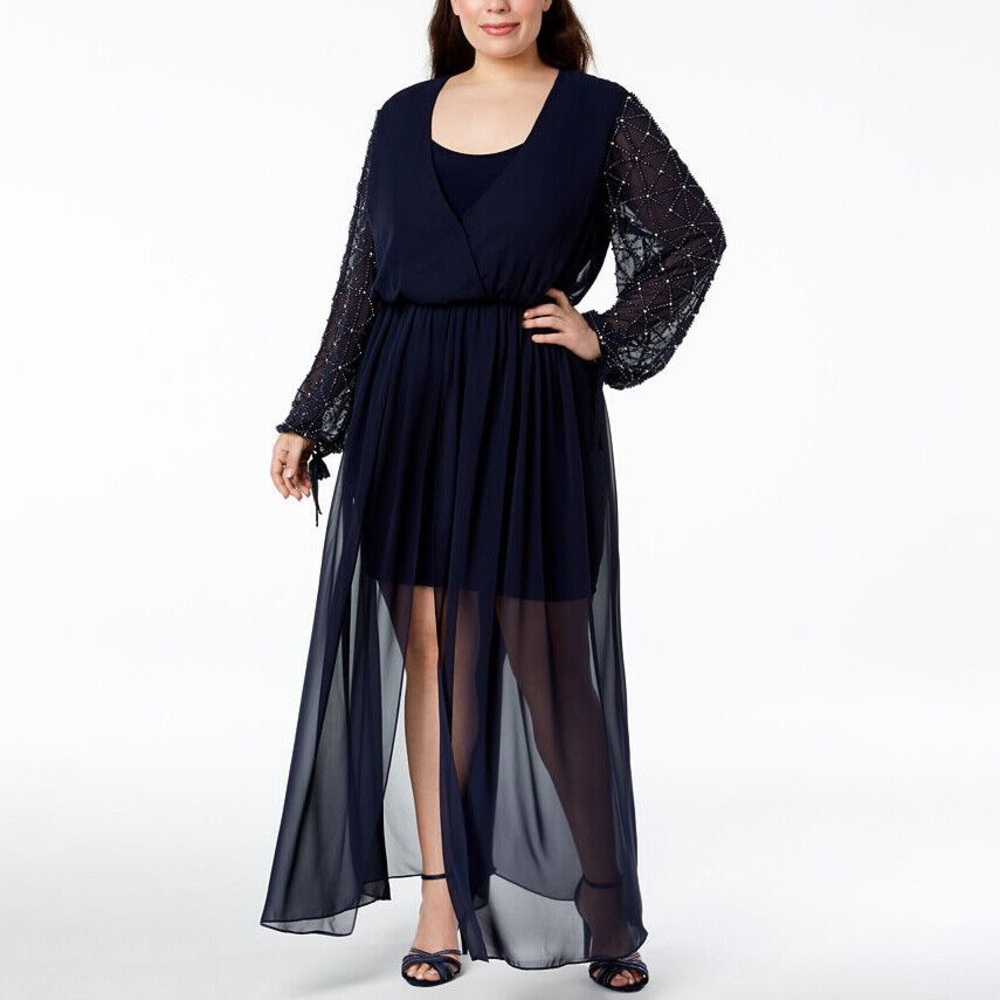 Betsy and Adam beaded sheer sleeve gown